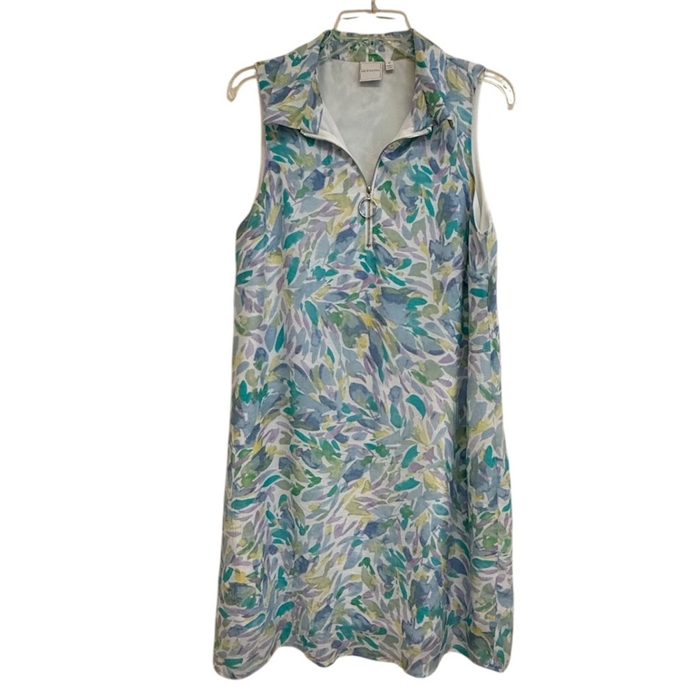 Zac & Rachel Abstract Floral Sleeveless Shift Dress O-Ring Quarter Zip Blue M